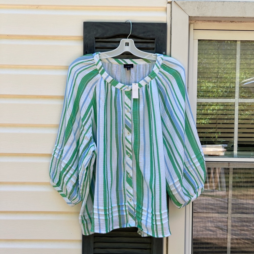 NWT Talbots Pretty Blue Green White Stripe Hem Pleats 3/4 Sleeve Blouse - Picture 5 of 5